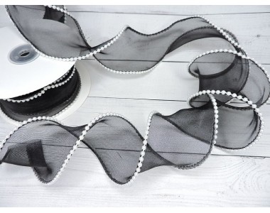 Лента органза 5 см с декоративным швом и бусинами, цв. черный - 1 м.