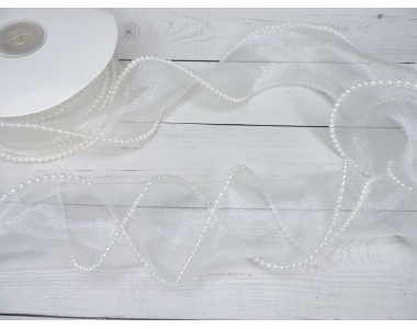 Лента органза 5 см с декоративным швом и бусинами, цв. белый - 1 м.