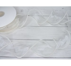 Лента органза 5 см с декоративным швом и бусинами, цв. айвори - 1 м.