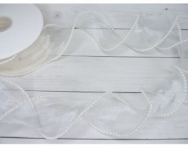 Лента органза 5 см с декоративным швом и бусинами, цв. айвори - 1 м.