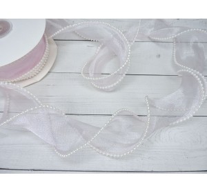 Лента органза 5 см с декоративным швом и бусинами, цв. светло-розовый - 1 м.