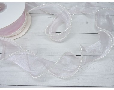 Лента органза 5 см с декоративным швом и бусинами, цв. светло-розовый - 1 м.