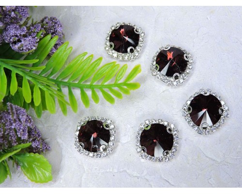 Страза пришившая в серебряной оправе 18 мм "Круг", цв. бургунди - 1 шт.