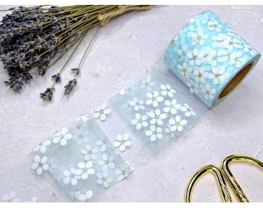 Фатин 5,5 см "Ромашки", цв. голубой - 1 м.