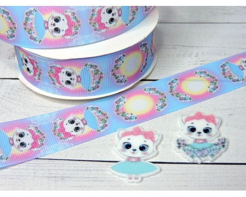 Лента репсовая 25 мм с рисунком "Котенок" (треугольный лепесток) - 1 м.