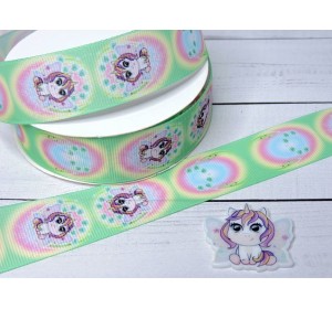 Лента репсовая 25 мм с рисунком "Единорожка" (треугольный лепесток) - 1 м.