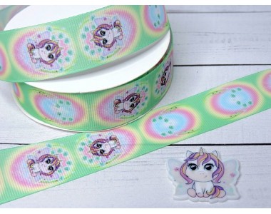 Лента репсовая 25 мм с рисунком "Единорожка" (треугольный лепесток) - 1 м.
