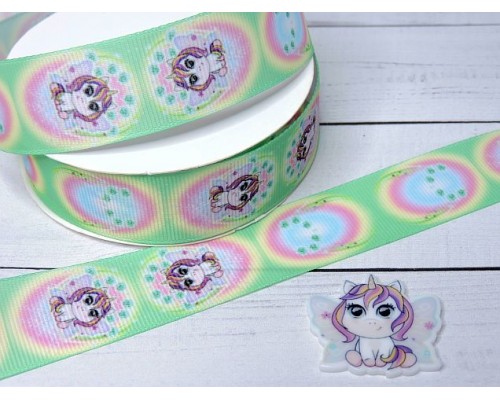 Лента репсовая 25 мм с рисунком "Единорожка" (треугольный лепесток) - 1 м.