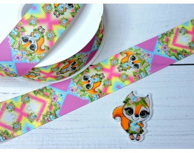 Лента репсовая 25 мм с рисунком "Белочка" (треугольный лепесток) - 1 м.