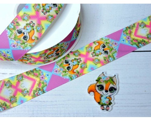 Лента репсовая 25 мм с рисунком "Белочка" (треугольный лепесток) - 1 м.