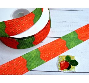 Лента репсовая 25 мм с рисунком "Клубника" (треугольный лепесток) - 1 м.