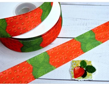 Лента репсовая 25 мм с рисунком "Клубника" (треугольный лепесток) - 1 м.
