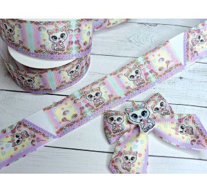 Лента репсовая 40 мм с рисунком "Котенок" - 1 м (3 бантика).