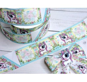 Лента репсовая 40 мм с рисунком "Единорожек" - 1 м (3 бантика).