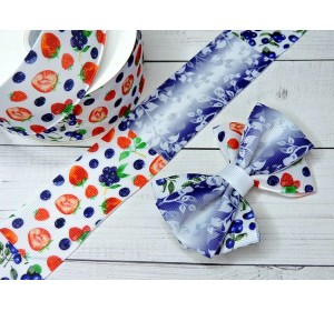 Лента репсовая 40 мм с рисунком ассорти "Ягоды" - 1 м.