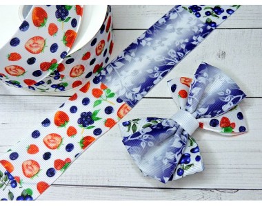 Лента репсовая 40 мм с рисунком ассорти "Ягоды" - 1 м.