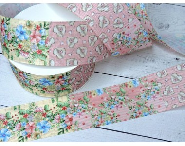 Лента репсовая 40 мм с рисунком ассорти "Цветочки" - 1 м.