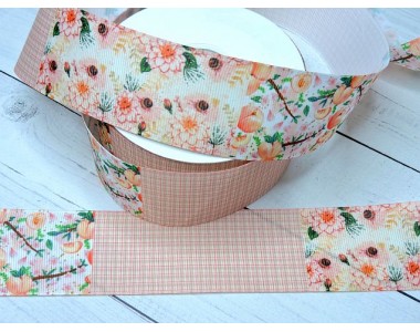 Лента репсовая 40 мм с рисунком ассорти "Персики" - 1 м.