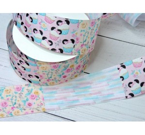 Лента репсовая 40 мм с рисунком ассорти "Капкейки и розы" - 1 м.