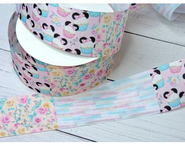 Лента репсовая 40 мм с рисунком ассорти "Капкейки и розы" - 1 м.