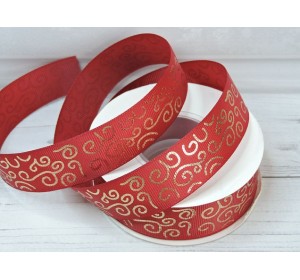 Лента репсовая 25 мм с рисунком "Узор",цв. бордовый/золото - 1 м.