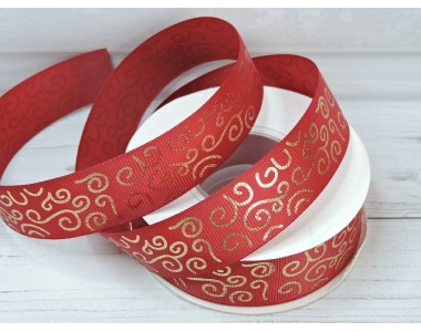 Лента репсовая 25 мм с рисунком "Узор",цв. бордовый/золото - 1 м.