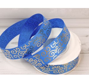 Лента репсовая 25 мм с рисунком "Узор",цв. синий/золото - 1 м.