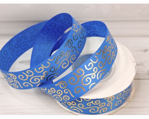Лента репсовая 25 мм с рисунком "Узор",цв. синий/золото - 1 м.