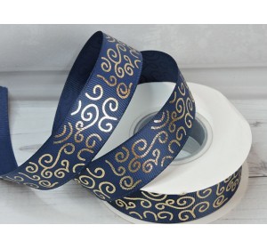 Лента репсовая 25 мм с рисунком "Узор",цв. темно-синий/золото - 1 м.