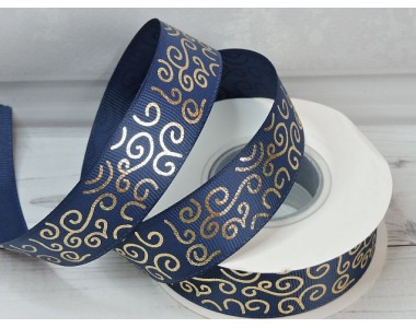 Лента репсовая 25 мм с рисунком "Узор",цв. темно-синий/золото - 1 м.