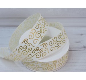 Лента репсовая 25 мм с рисунком "Узор",цв. кремовый/золото - 1 м.
