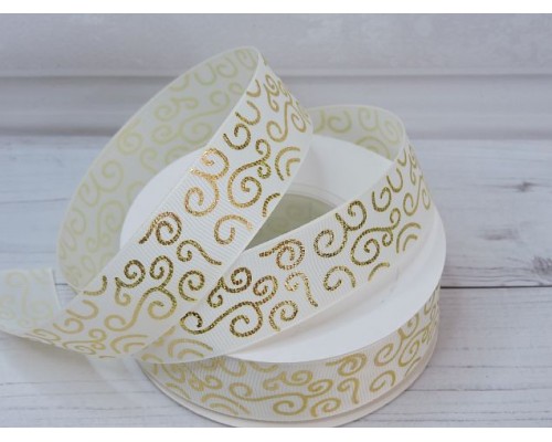 Лента репсовая 25 мм с рисунком "Узор",цв. кремовый/золото - 1 м.