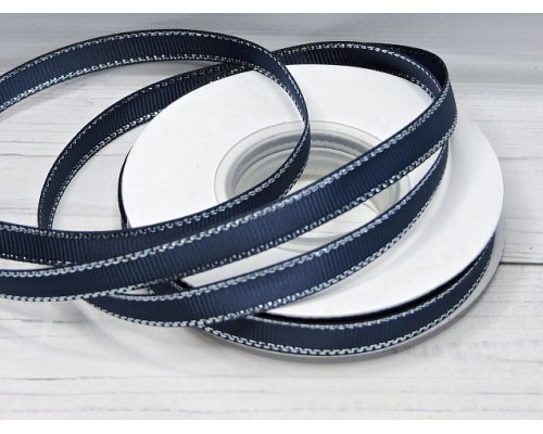Лента репсовая 10 мм с люрексом серебро, цв. темно-синий - 1 м.