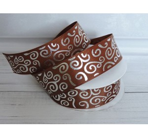 Лента репсовая 25 мм с рисунком "Узор",цв. коричневый/серебро - 1 м.
