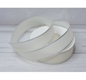 Лента репсовая 25 мм с люрексом серебро, цв. кремовый - 1 м.