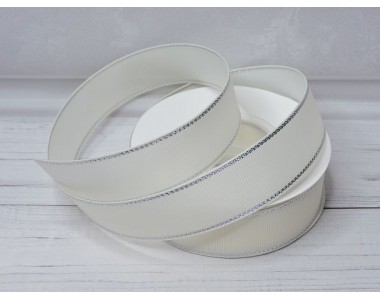 Лента репсовая 25 мм с люрексом серебро, цв. кремовый - 1 м.