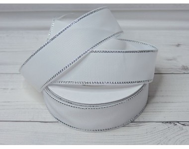 Лента репсовая 25 мм с люрексом серебро, цв. белый - 1 м.
