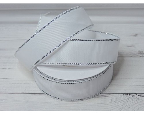 Лента репсовая 25 мм с люрексом серебро, цв. белый - 1 м.