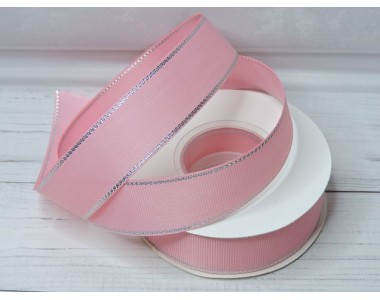 Лента репсовая 25 мм с люрексом серебро, цв. розовый №253 - 1 м.