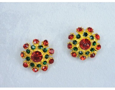 Кабошон-пуговица флоризель металл "Цветок", цв. красный/зеленый - 1 шт.