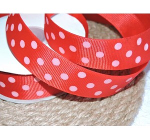 Репсовая лента 25 мм "Крупный горох", цв. красный  - 1 м