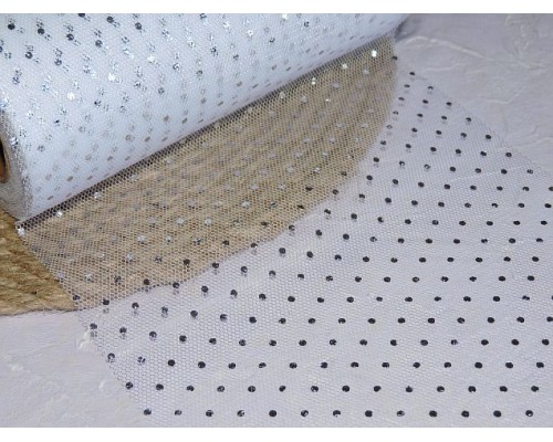 Фатин "Горошек", цв. белый/серебро - 1 м