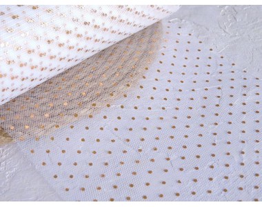 Фатин "Горошек", цв. белый/золото - 1 м