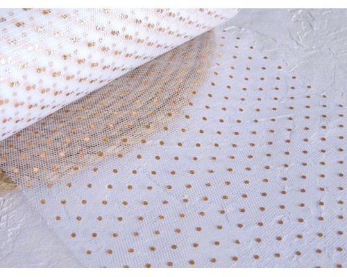 Фатин "Горошек", цв. белый/золото - 1 м