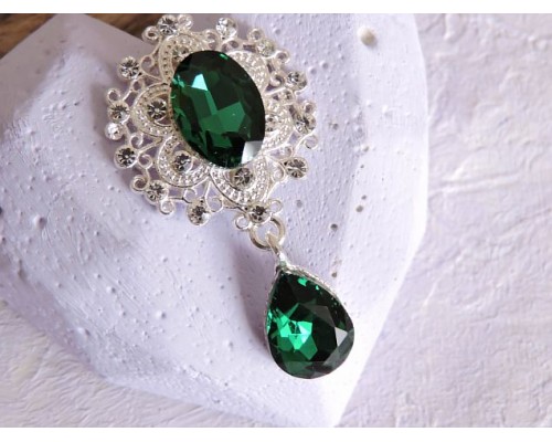 Серединка ювелирная с подвеской 4,5 см*2,5 см, цв. серебро/изумрудный - 1 шт