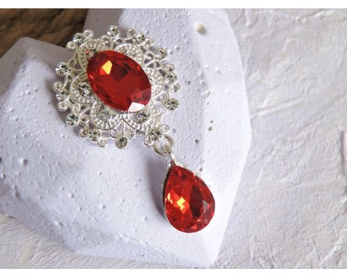Серединка ювелирная с подвеской 4,5 см*2,5 см, цв. серебро/красный - 1 шт