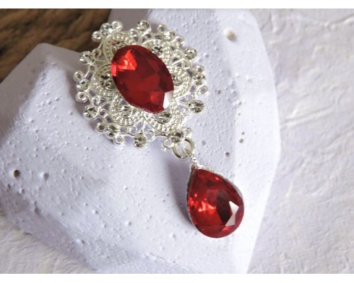 Серединка ювелирная с подвеской 4,5 см*2,5 см, цв. серебро/темно-красный - 1 шт