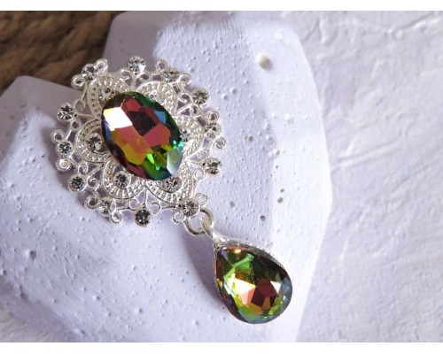 Серединка ювелирная с подвеской 4,5 см*2,5 см, цв. серебро/зеленый хамелеон - 1 шт