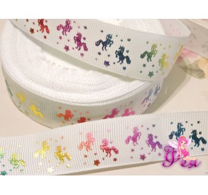 Репсовая лента с рисунком 25 мм, "Единороги" цв. белый - 1м