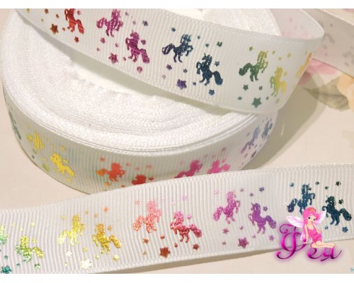 Репсовая лента с рисунком 25 мм, "Единороги" цв. белый - 1м
